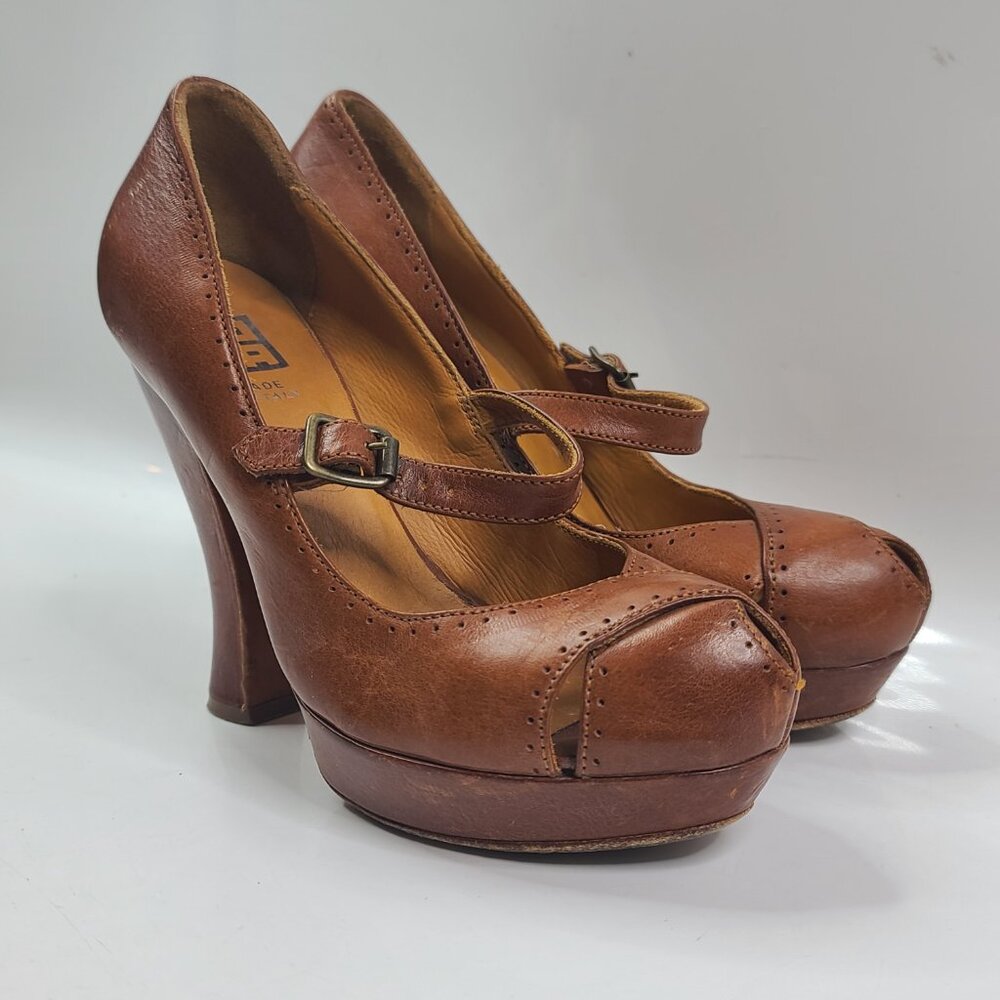 ΜΟΜΑ Women's Brown platform Leather Mary Janes High Heel Size EUR 37 US 6.5